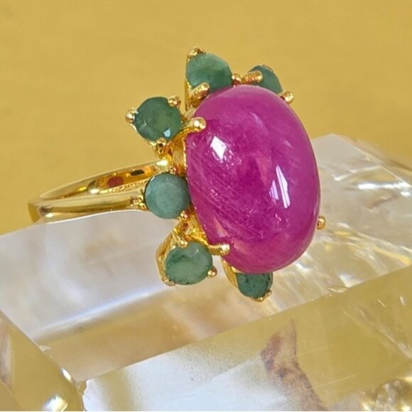 925 Sterling Silver Ring Sz 6.5 with Natural Oval Ruby 16x11mm & Emerald Gems - Picture 5 of 13